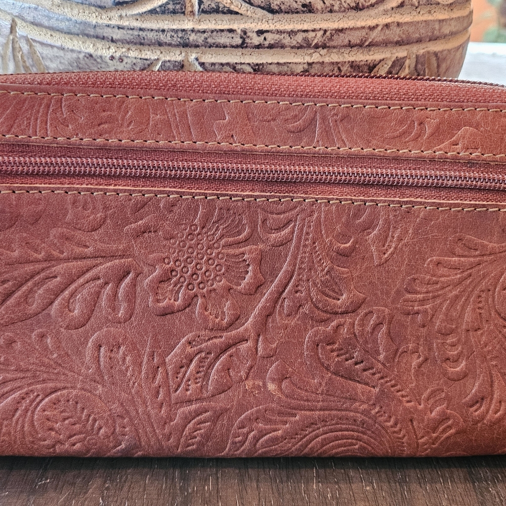 Jack Georges Floral Embossed Honey Brown Leather Zippered Clutch Wallet